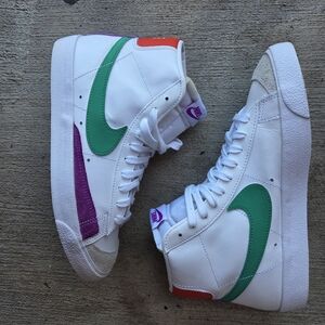 Nike White High-Top Sneakers with Green Swoosh & Purple/Orange Accents